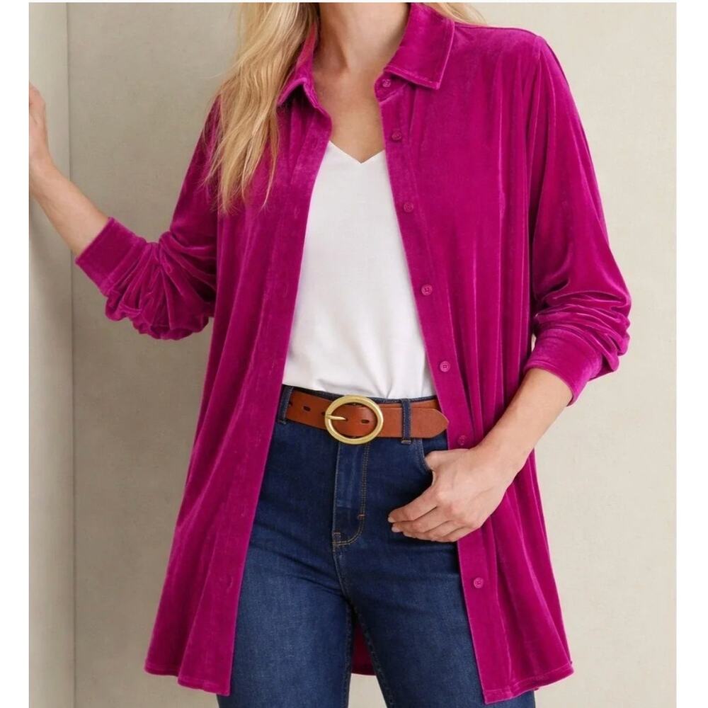 Soft Surroundings Velvet Boyfriend Shirt Tunic | Fiery Fuchsia Pink | Sz Medium